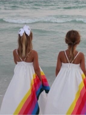 Girls' White Maxi Dress with Rainbow Stripes - Casual Beach Dress